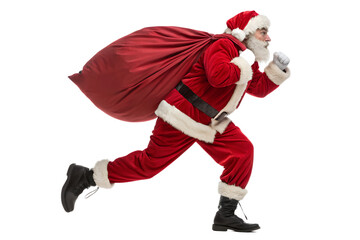 Santa Claus running with a huge red bag full of Christmas gifts, isolated on white background. Funny festive concept of Christmas delivery, holiday rush, and gift giving. Perfect for winter advertisin