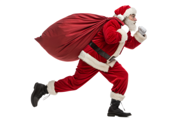 Santa Claus running with a huge red bag full of Christmas gifts, isolated on white background. Funny festive concept of Christmas delivery, holiday rush, and gift giving. Perfect for winter advertisin