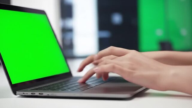 Closeup of a persons hands typing on a laptop keyboard with a bright green screen ideal for chroma key compositing in a modern office or home setting showcasing technology and productivity.