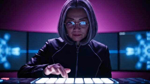 hoodie and glasses rest above controller and midi pad. monitor array frames equipment on desk. synth module and beat pad occupy studio workstation. technology and lighting create purple ambience.