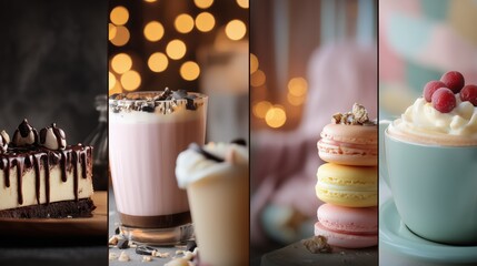 design of delicious desserts collage against cosy home interior, cheerful mood