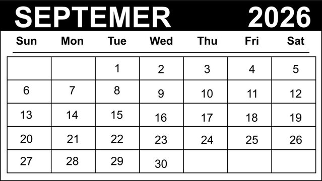 September 2026 vector calendar, clean minimalist monthly layout