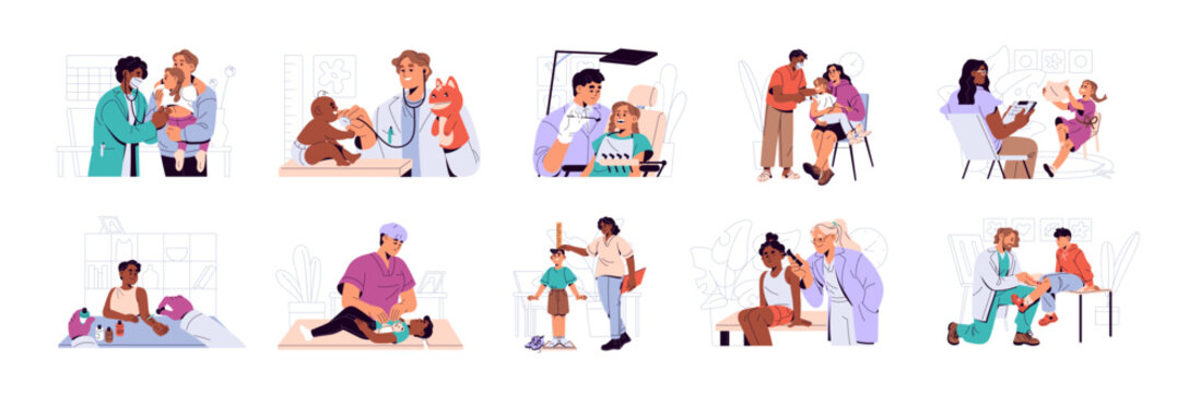 Pediatricians examine children set. Doctors cares about kids' health. Medics do medical checkup of babies in hospital, therapists work in pediatric clinic. Flat isolated vector illustrations on white.