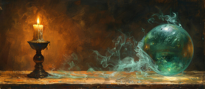 Still life with candle, orb, and smoke.