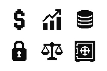 Pixelated finance icons: dollar, growth, database, security, justice, safe