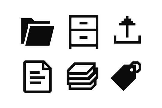 Minimalist office icons set with folder, cabinet, and tag designs