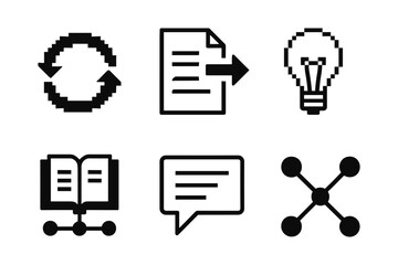 Minimalist icons set featuring refresh arrows, document sharing, light bulb, book, speech bubble, and network node
