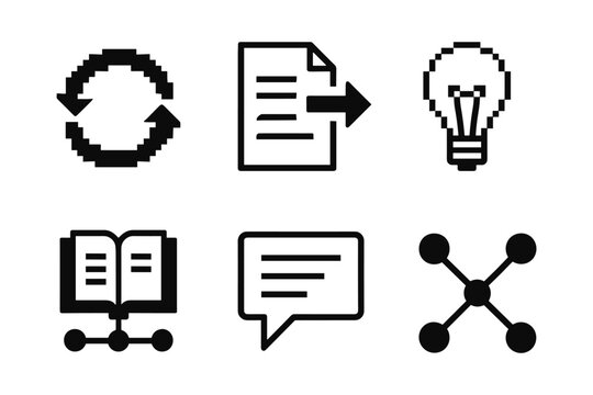 Minimalist icons set featuring refresh arrows, document sharing, light bulb, book, speech bubble, and network node