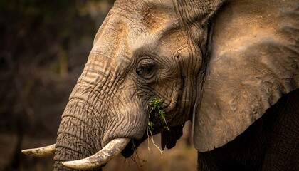 Close-up of an African Elephant Eating Grass in the Wild.