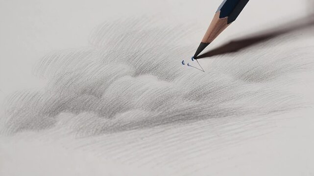 Soft pencil sketch portraying fluffy clouds and subtle motion across grey sky