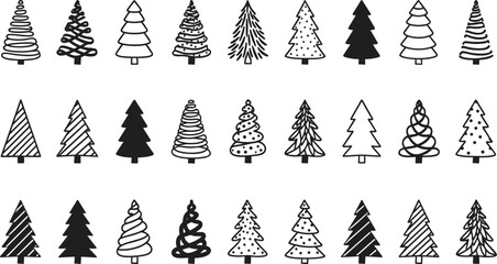 Stylized Christmas tree collection, black and white festive designs, spiral and geometric patterns, holiday vector illustration set, seasonal decoration graphic elements