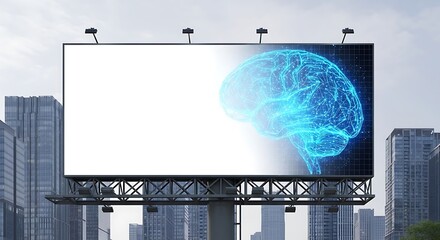 Large blank billboard with a digital brain illustration against a cityscape, ideal for advertising technology or innovative ideas in an urban setting