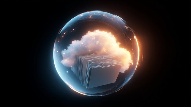 Secure cloud storage solution with glowing cloud and files inside a protective sphere, offering data protection and modern technology advantages