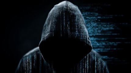 Mysterious hacker in hoodie surrounded by digital code streams, an ominous cyber security threat for internet safety and data protection concepts