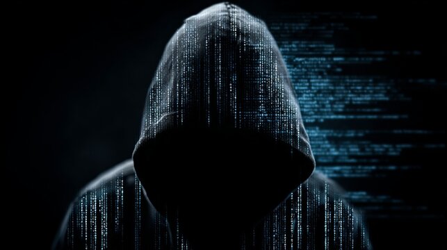 Mysterious hacker in hoodie surrounded by digital code streams, an ominous cyber security threat for internet safety and data protection concepts - Powered by Adobe