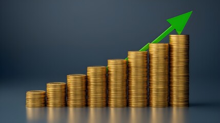 Golden coins stacked in a rising bar graph with a green arrow indicating growth