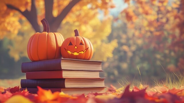 The concept of autumn is illustrated through books with autumn themes, such as back to school and Halloween, with the imagery of yellow leaves falling on books, representing study and education, and