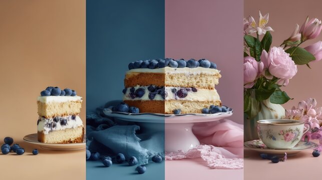 collage design of delicious juicy cake pices with blueberry against pastel cosy home interior