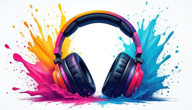 Colorful headphones burst with vibrant paint splashes. Bright orange pink blue hues explode around audio device. Modern headset symbolizes music creativity energy.