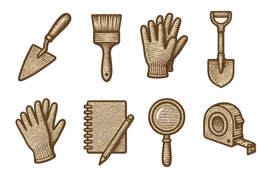Vintage engraved tool collection featuring garden and craft essentials in hand drawn style