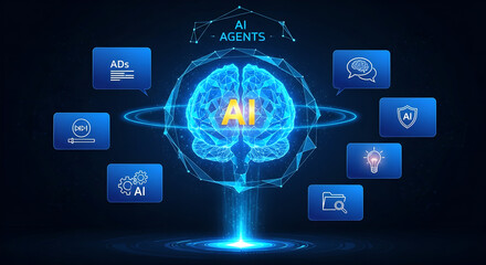 AI Agents Artificial Intelligence Digital Brain Technology Concept Blue Glow