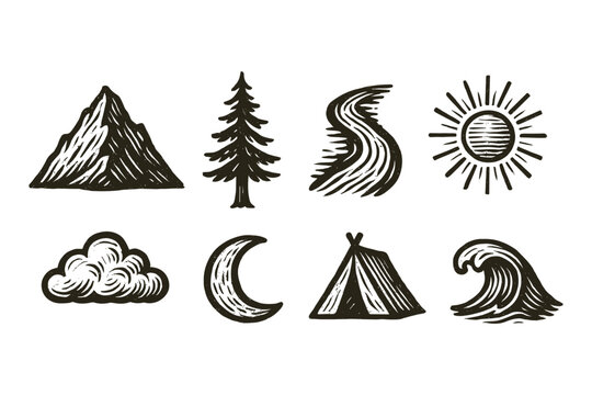 Hand drawn adventure icons of nature elements and outdoor symbols