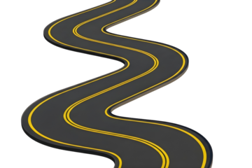 Winding asphalt road with yellow lines isolated on transparent background PNG
