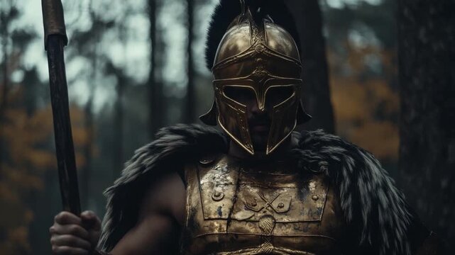 This footage showcases a mighty warrior in striking armor. Set against a captivating forest backdrop, it captures themes of courage and history. Ideal for epic storytelling. Generative AI