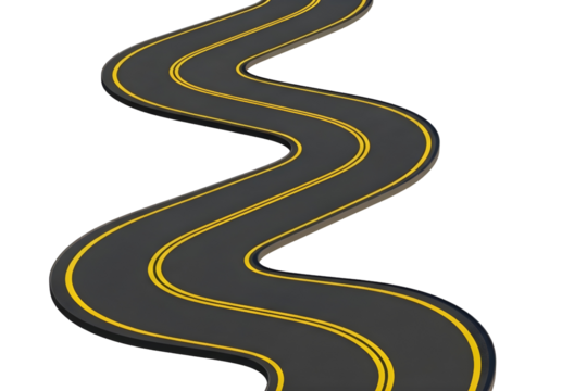 Winding asphalt road with yellow lines isolated on transparent background PNG