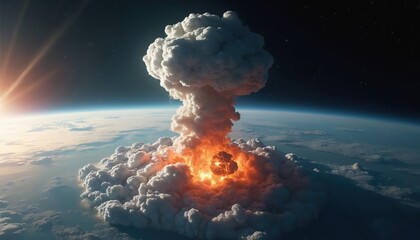 Massive explosion forms mushroom cloud high above Earth. Fire, smoke rise from planet surface into atmosphere. Sun shines on horizon, revealing space with stars. Global disaster, war, apocalypse