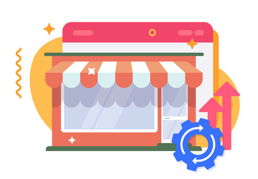 Online store shop improvement and boost sales performance icon vector modern design graphic illustration, electronic virtual web marketplace operation automation progress management