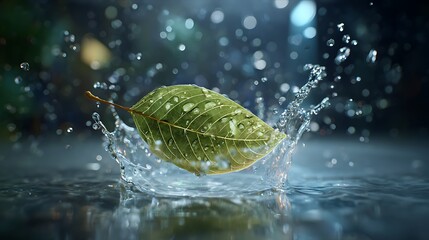 Green Leaf Plunging into Water Creating a Splash, with Bokeh Background and Wet Surface