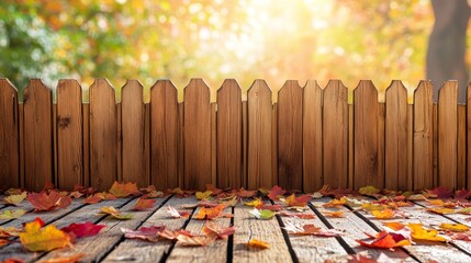 Near a rustic wooden fence, the ground is covered in a colorful array of autumn leaves, perfectly capturing the essence of fall in a soothing landscape