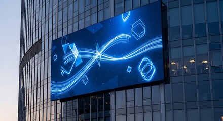 A large digital billboard displays a vibrant blue abstract design on the side of a modern glass building, creating a striking visual impact in the urban landscape