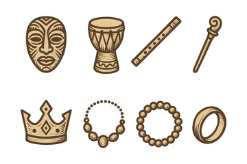 Traditional african elements in hand-drawn style featuring masks, instruments, and jewelry