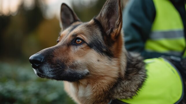 German shepherd in bright vest standing by handler in a natural setting during twilight