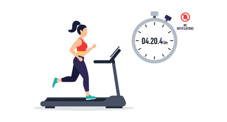 Woman running on treadmill with stopwatch and no notifications symbol