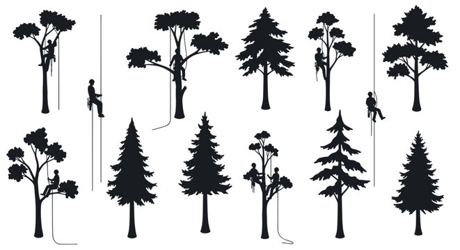 Tree climber silhouettes with diverse tree shapes for nature and outdoor activities - Powered by Adobe