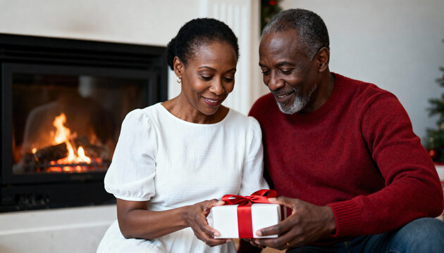 Senior African American couple exchanging a Christmas gift by a cozy fireplace. Happy mature man and woman celebrating the holidays at home