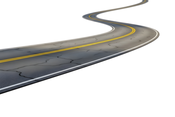 Curved asphalt road with yellow lines isolated on transparent background PNG