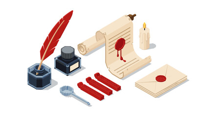 Isometric retro writing set with quill, wax seal, and ink pot for vintage enthusiasts