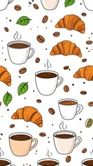 Hand drawn seamless pattern with coffee cups croissants and beans.