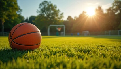 Basketball rests on green grass at sunset. A hoop stands in the distance on a field. Sun shines brightly through trees. People play sports outdoors.