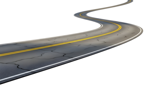 Curved asphalt road with yellow lines isolated on transparent background PNG