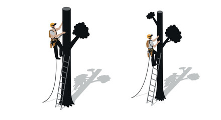 Arborist climbing tree with ladder and safety gear in isometric style