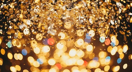 Festive Gold Confetti Falling on Blurred Bokeh Lights Background