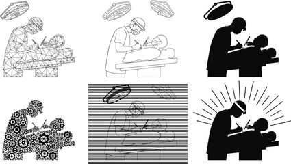 Surgical operation silhouette styles, medical procedure scenes, healthcare interaction poses, vector set, editable stroke, professional concept, black and white design