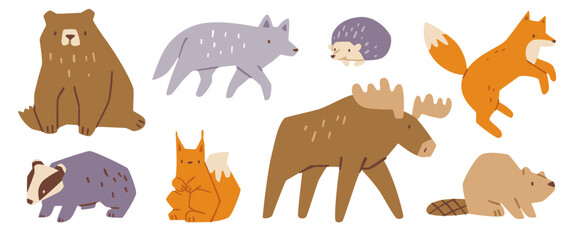 Forest animals doodle set. Cartoon woodland animals collection. Abstract wild animals bundle.