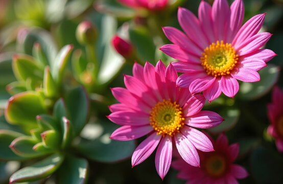 Close up vibrant pink pigface flowers. Succulent leaves surround bright blossoms. Botanical photo shows detailed petals, plant texture. Flora in bloom. Natural beauty captured with soft focus.