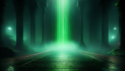 dark scene glowing green column misty floor